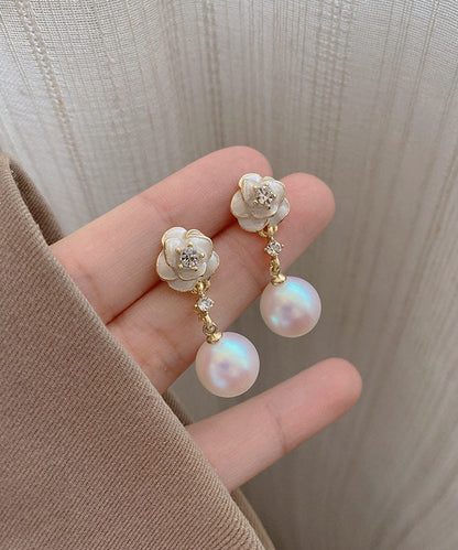 White Copper Alloy Pearl Camellia Drop Earrings