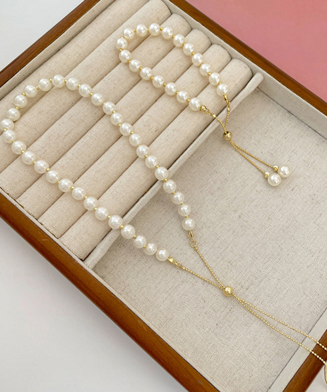 White Copper Alloy Pearl Tassel Charm Bracelet and Gratuated Bead Necklace Two Piece Set Yu014