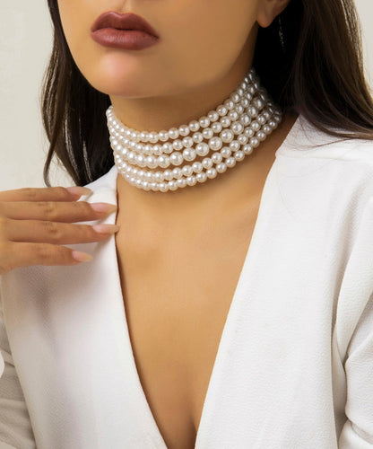 White Metal Multi Layer Pearl Necklace