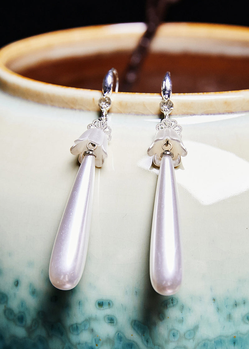White Water Droplet Pearl Drop Earrings