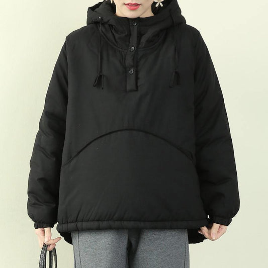 Black Parka Snow Jackets Hooded Drawstring Coats