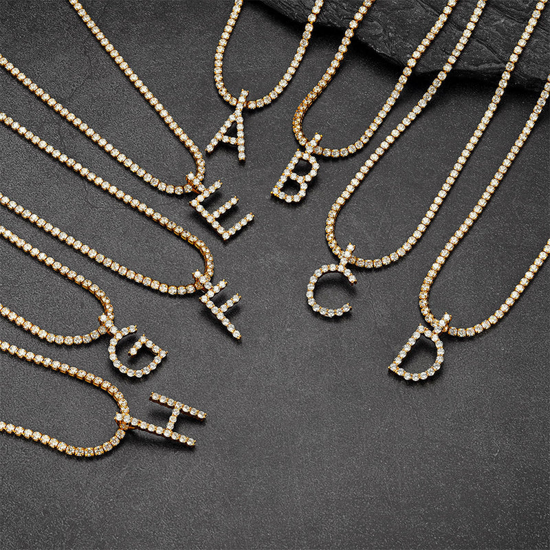 Initial Letter Pendant Necklace With Tennis Chain for
