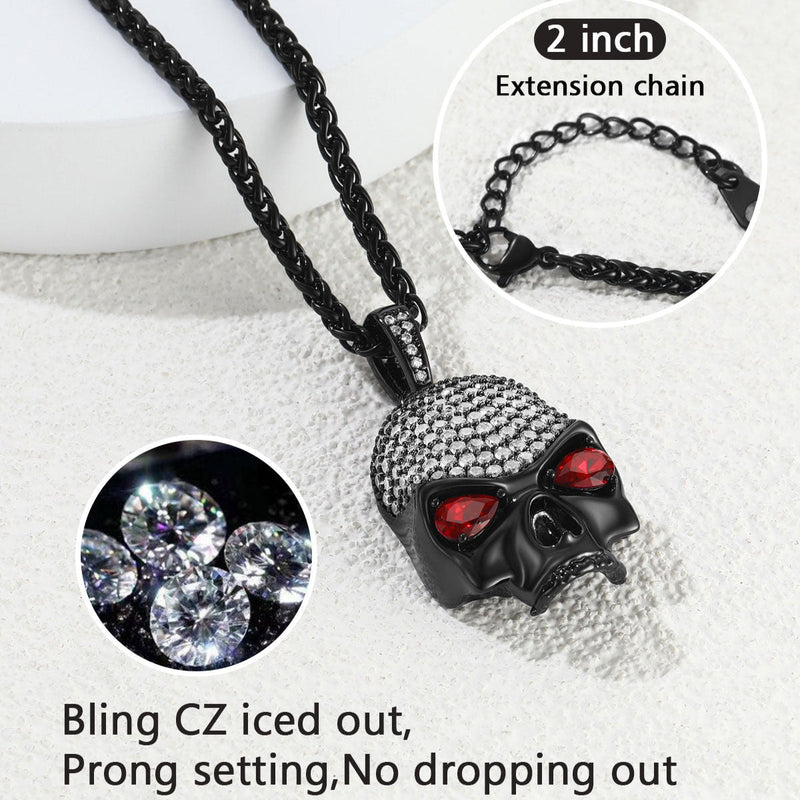 Halloween Gothic Skull Diamond Necklace With Red Eye for