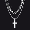 Barbed Wire Cuban Chain & Cross Layered Necklaces Set for