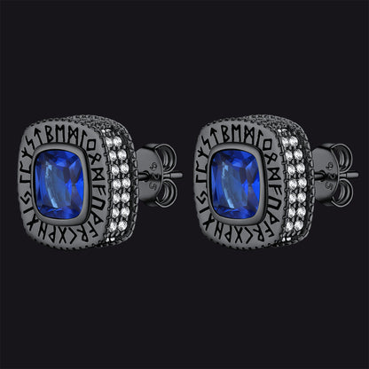 Cushion Cut Diamond Stud Earrings With Viking Runes in Sterling Silver