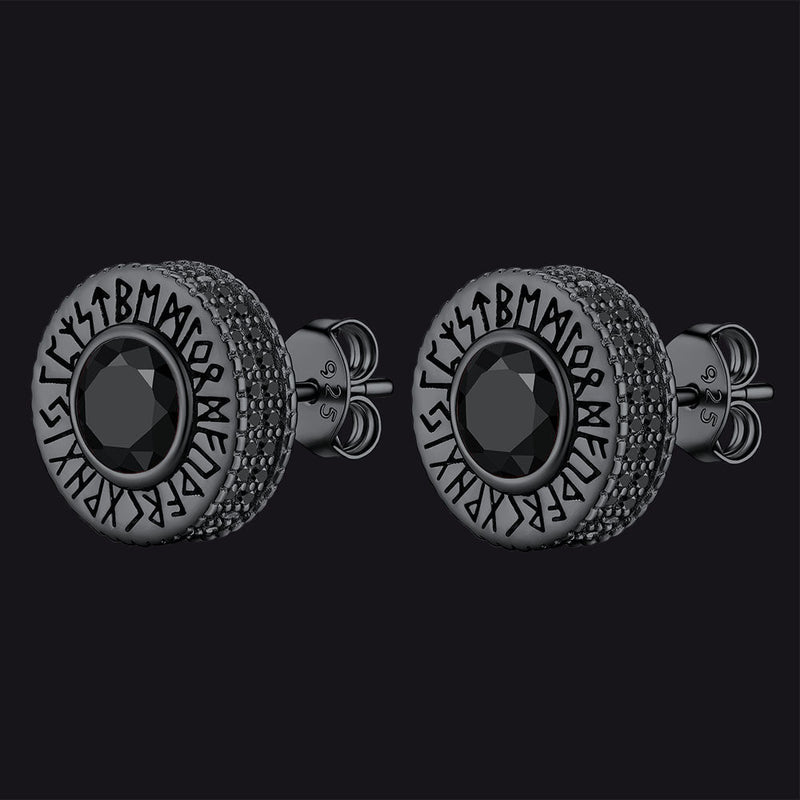 Sterling Silver Viking Runes Gemstone Stud Earrings for
