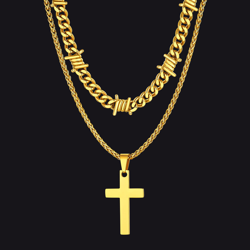 Barbed Wire Cuban Chain & Cross Layered Necklaces Set for