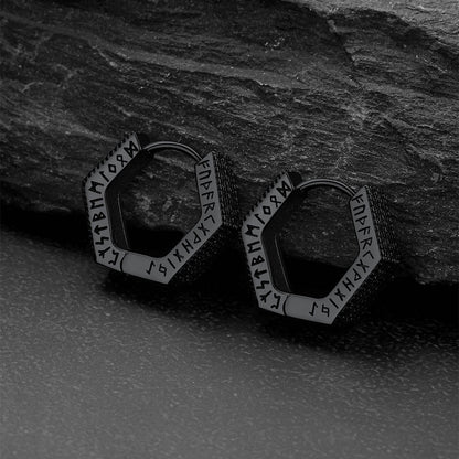 Hexagon Viking Diamond Hoop Earrings With Runes for
