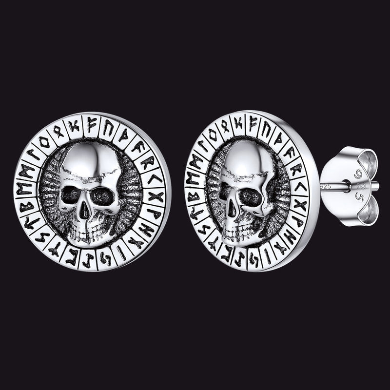 Sterling Silver Runes Skull Earrings Studs for