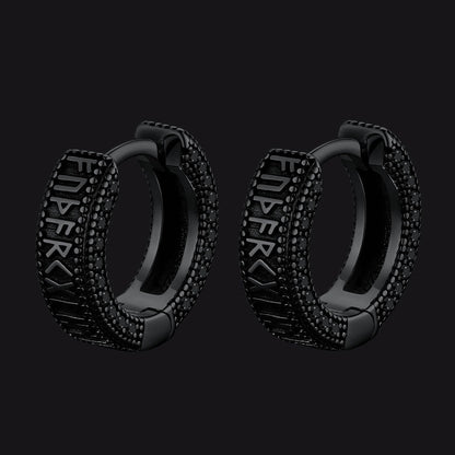 Sterling Silver Viking Runes Hoop Earrings With Black Zirconia for
