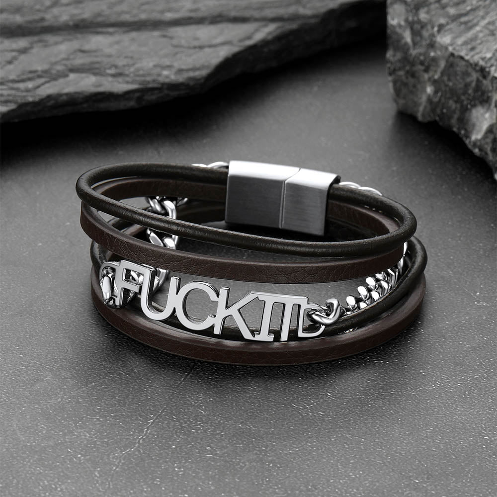 F*ck It Steel Chain Leather Bracelet for
