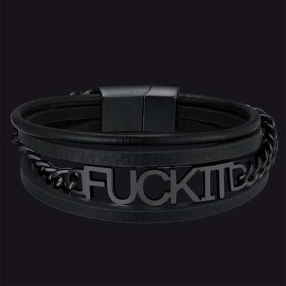 F*ck It Steel Chain Leather Bracelet for