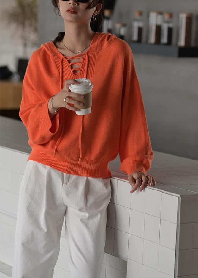 Orange Knitted Blouse Oversized Hooded Drawstring Knitted Tops