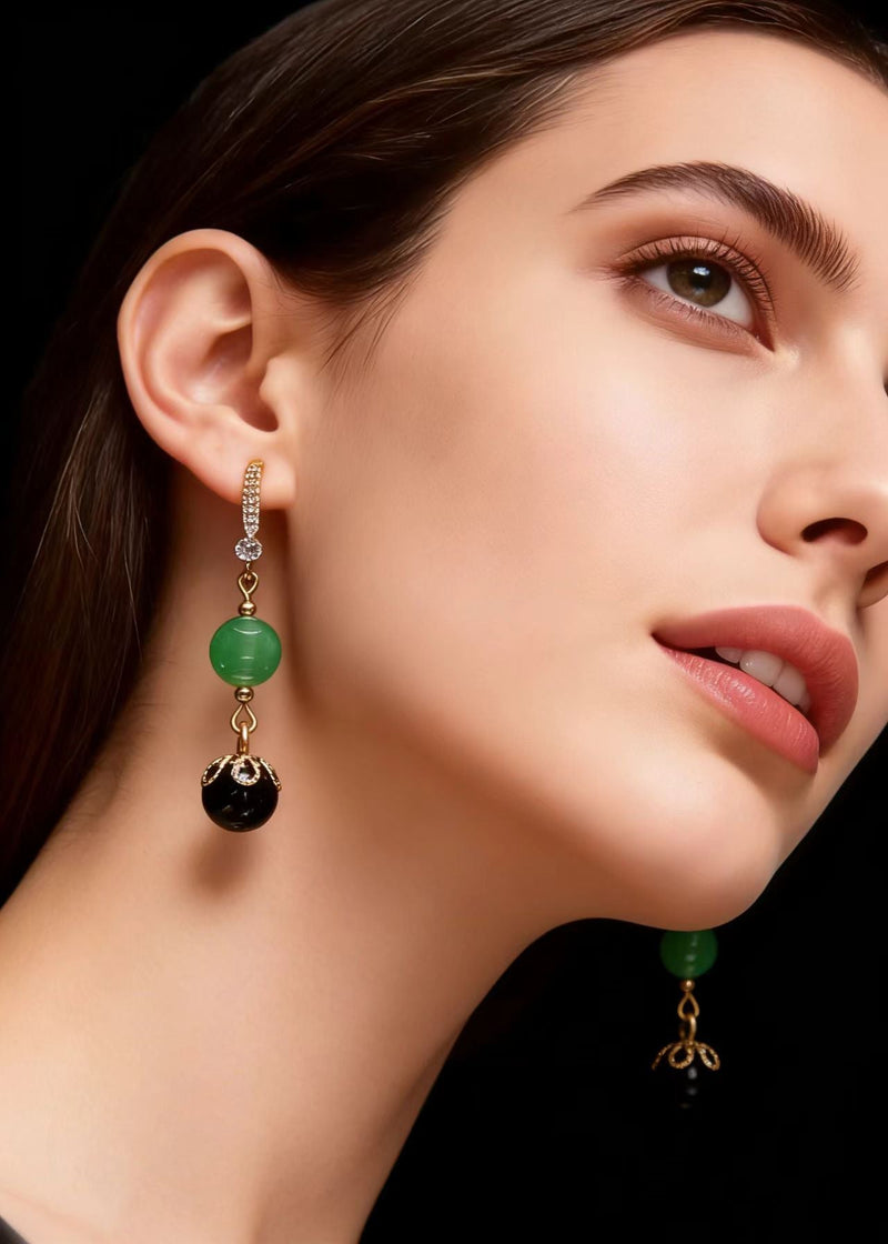 Black Agate Tassels Jade Drop Earrings
