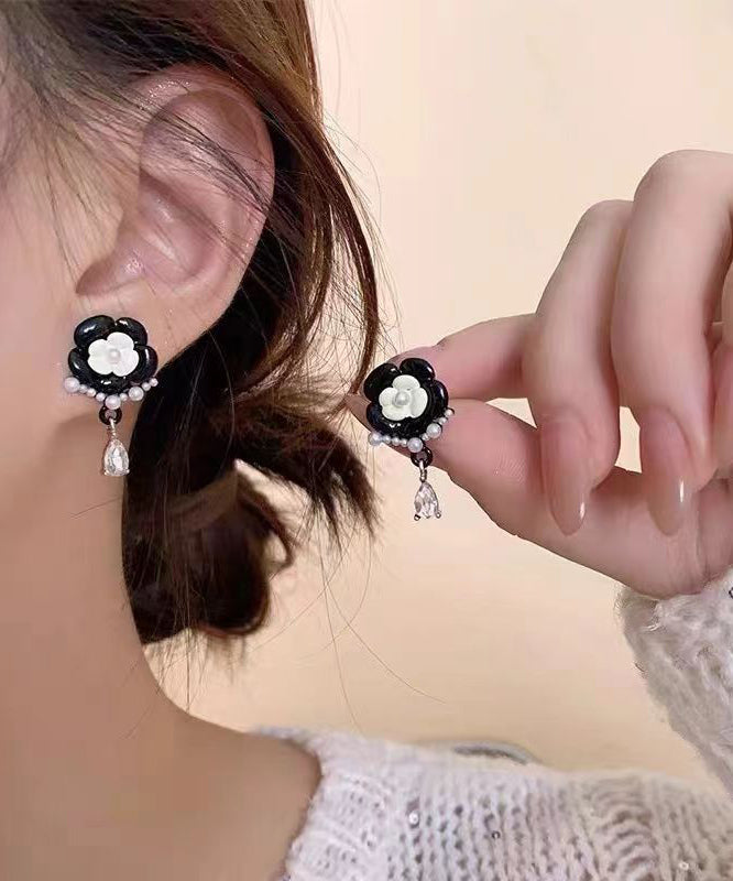 Black Alloy Pearl Crystal Tassel Drop Earrings Df1018