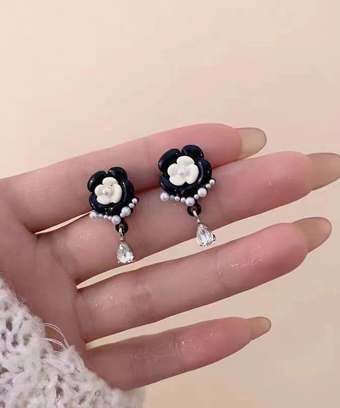 Black Alloy Pearl Crystal Tassel Drop Earrings Df1018