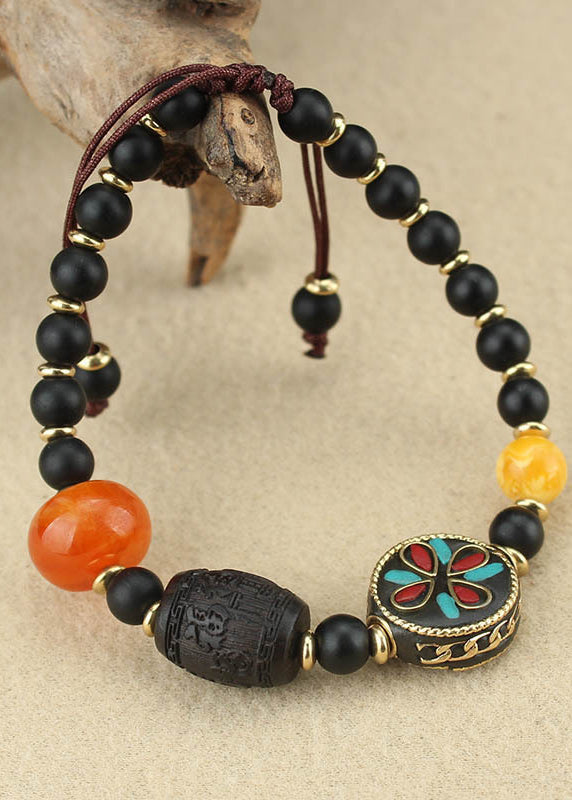 Black Coloured Glaze Pearl Beeswax Sandalwood Clover Charm Bracelet
