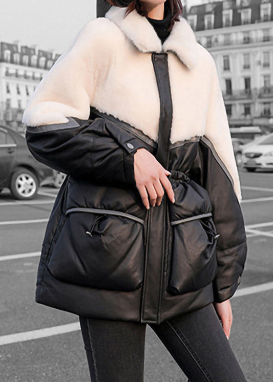 Black Drawstring Faux Fur Patchwork Duck Down Jacket in Winter
