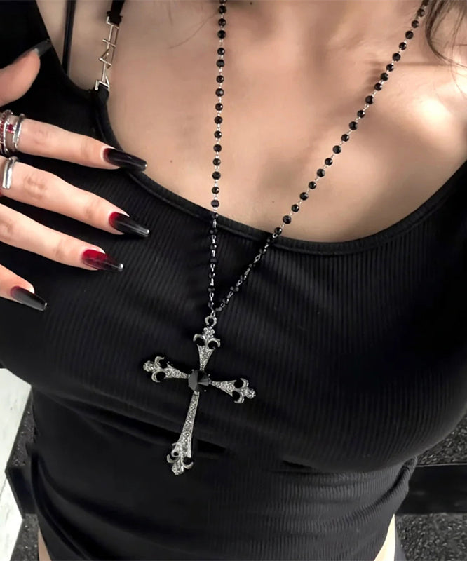 Black Metal Zircon Beads Cross Gratuated Bead Necklace