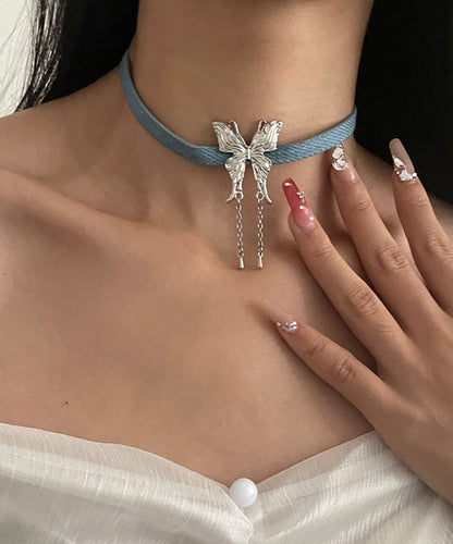 Blue Alloy Leather Rope Butterfly Tassel Pendant Necklace