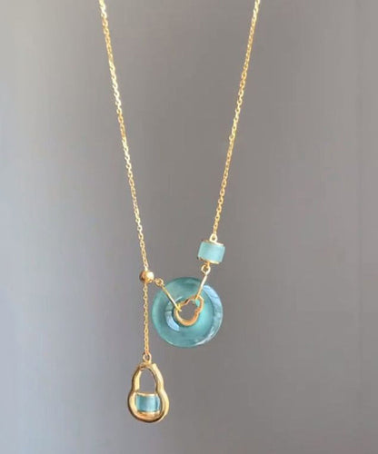 Blue Sterling Silver Overgild Chalcedony Gourd Safety Buckle Pendant Necklace