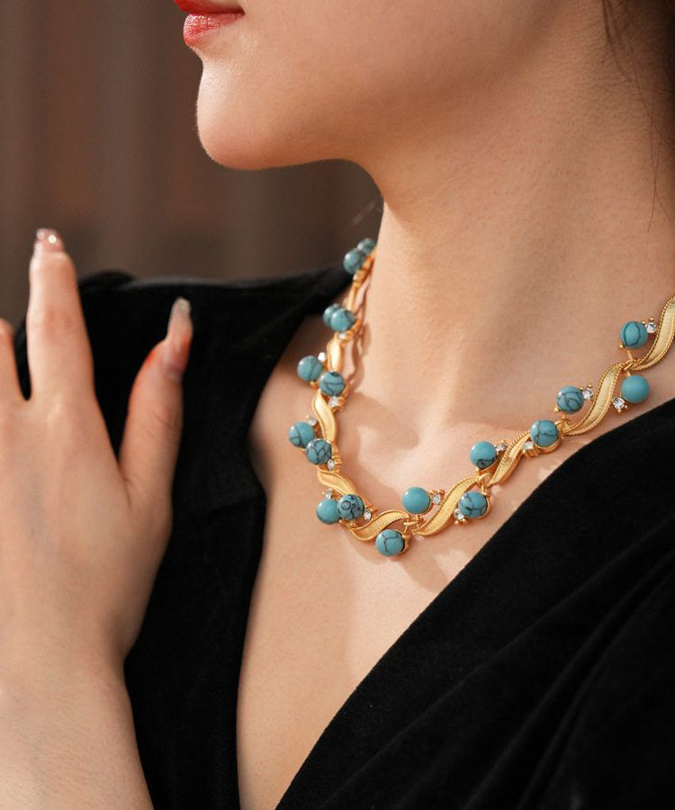 Blue Turquoise Alloy Zircon Gratuated Bead Necklace