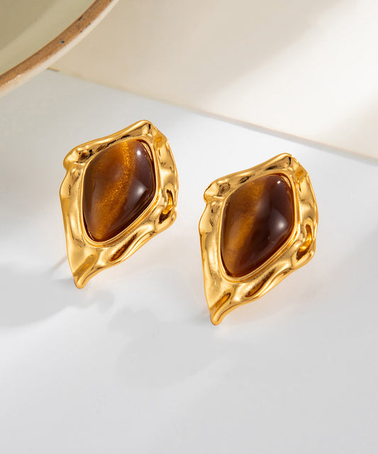 Brown Copper Asymmetrical Wrinkled Gem Stone Stud Earrings