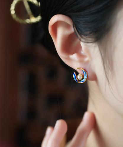 Colorblock Copper Alloy Pearl Feather Hoop Earrings