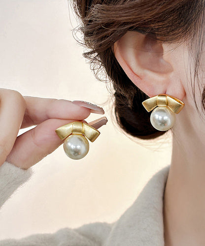 Gold Alloy Pearl Bow Stud Earrings