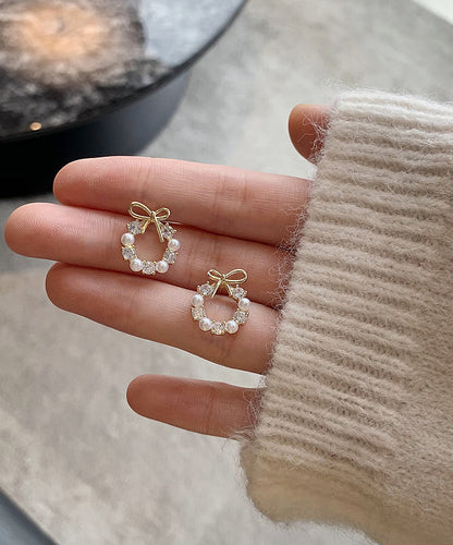 Gold Copper Alloy Pearl Bow Stud Earrings