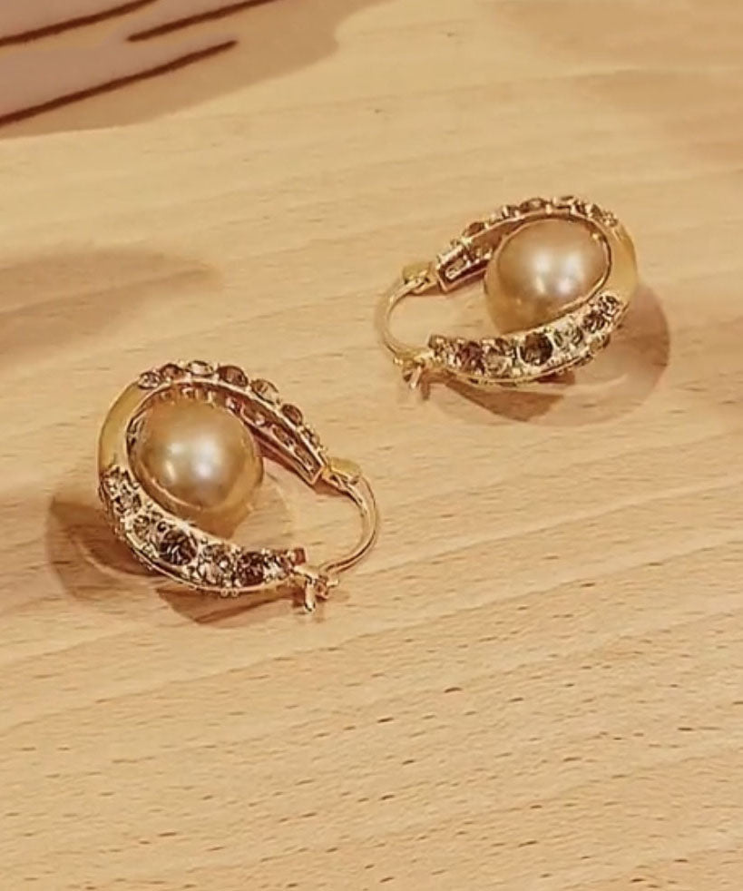 Gold Copper Alloy Zircon Pearl Hoop Earrings