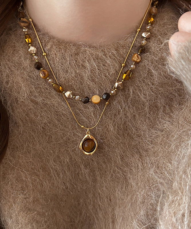 Gold Copper Overgild Tiger Eye Stone Beading Pendant Necklace Two Piece Set