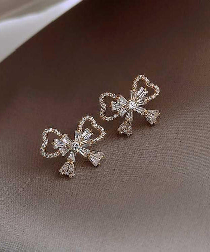 Gold Sterling Silver Alloy Zircon Bow Stud Earrings