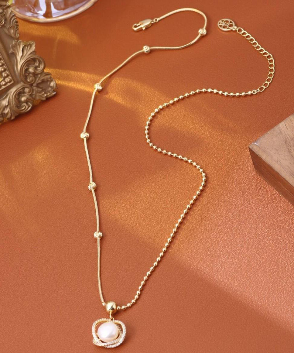 Gold Sterling Silver Overgild Zircon Pearl Pendant Necklace