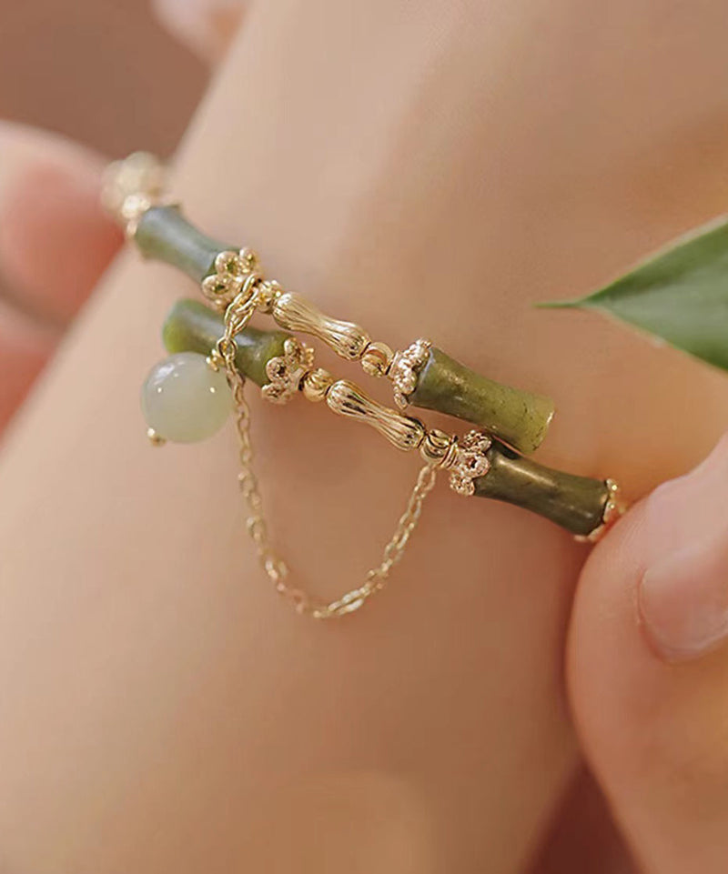 Green Crystal Jade Bamboo Joint Tassel Charm Bracelet