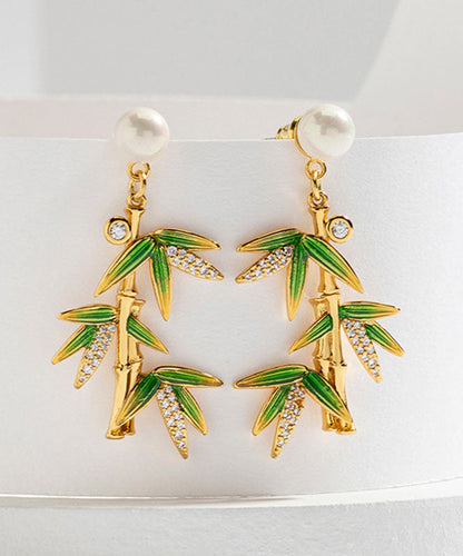 Green Overgild Zircon Pearl Bamboo Drop Earrings Tw1016
