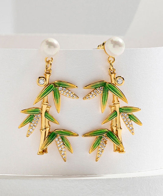 Green Overgild Zircon Pearl Bamboo Drop Earrings Tw1016