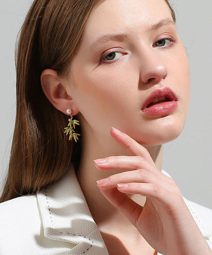 Green Overgild Zircon Pearl Bamboo Drop Earrings Tw1016