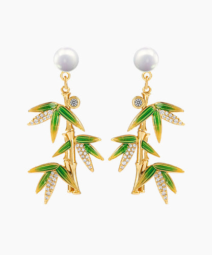 Green Overgild Zircon Pearl Bamboo Drop Earrings Tw1016