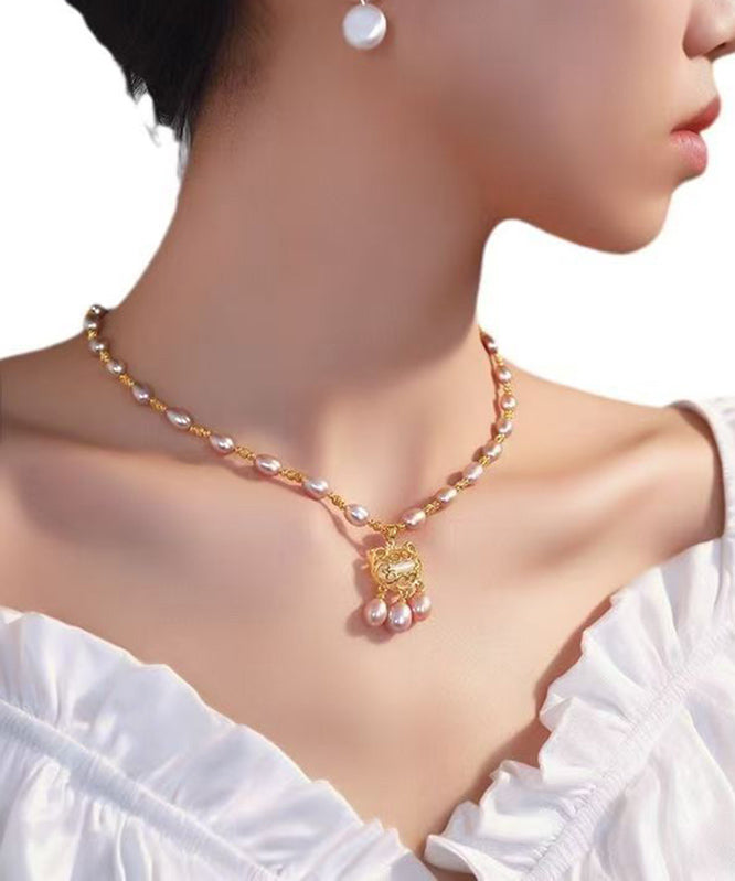 Light Purple Sterling Silver Overgild Pearl Safe Lock Pendant Necklace