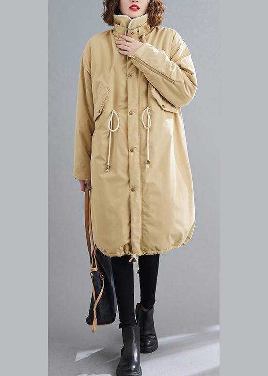 Loose Fitting Mid-length Coats Khaki Square Collar Drawstring Woolen Coats