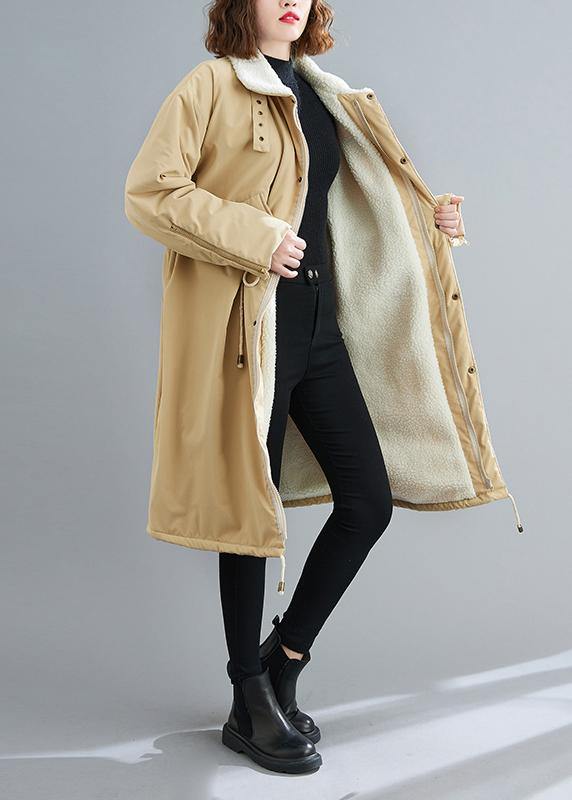 Loose Fitting Mid-length Coats Khaki Square Collar Drawstring Woolen Coats
