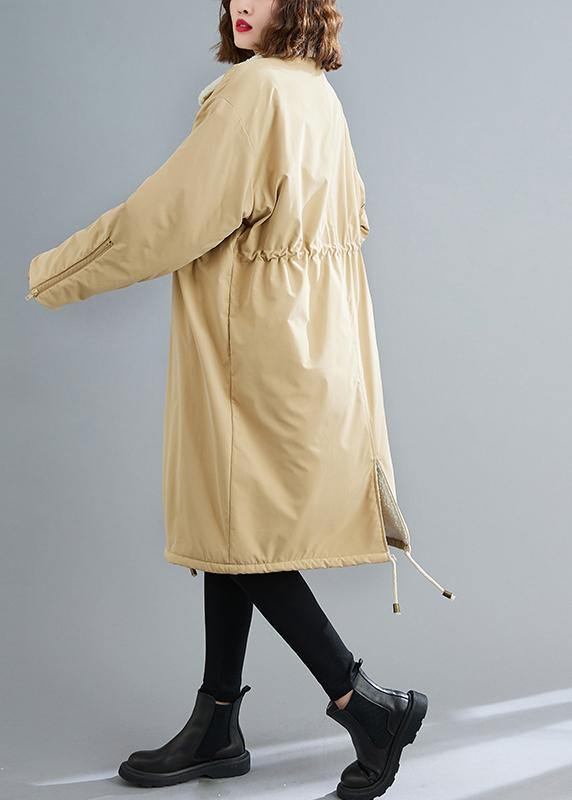 Loose Fitting Mid-length Coats Khaki Square Collar Drawstring Woolen Coats