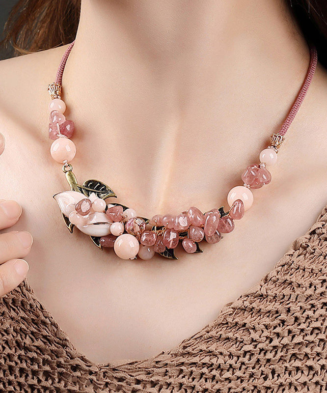 Pink Copper Overgild Cloisonne Coloured Glaze Strawberry Crystal Gratuated Bead Necklace
