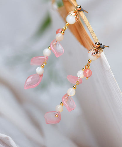 Pink Petal Crystal 14k Gold Drop Earrings