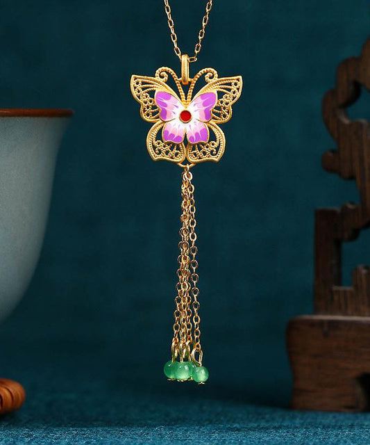 Purple Sterling Silver Overgild Agate Butterfly Tassel Pendant Necklace