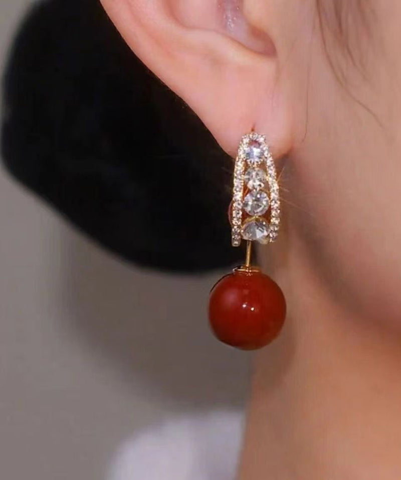 Red Copper Overgild Zircon Pearl Drop Earrings
