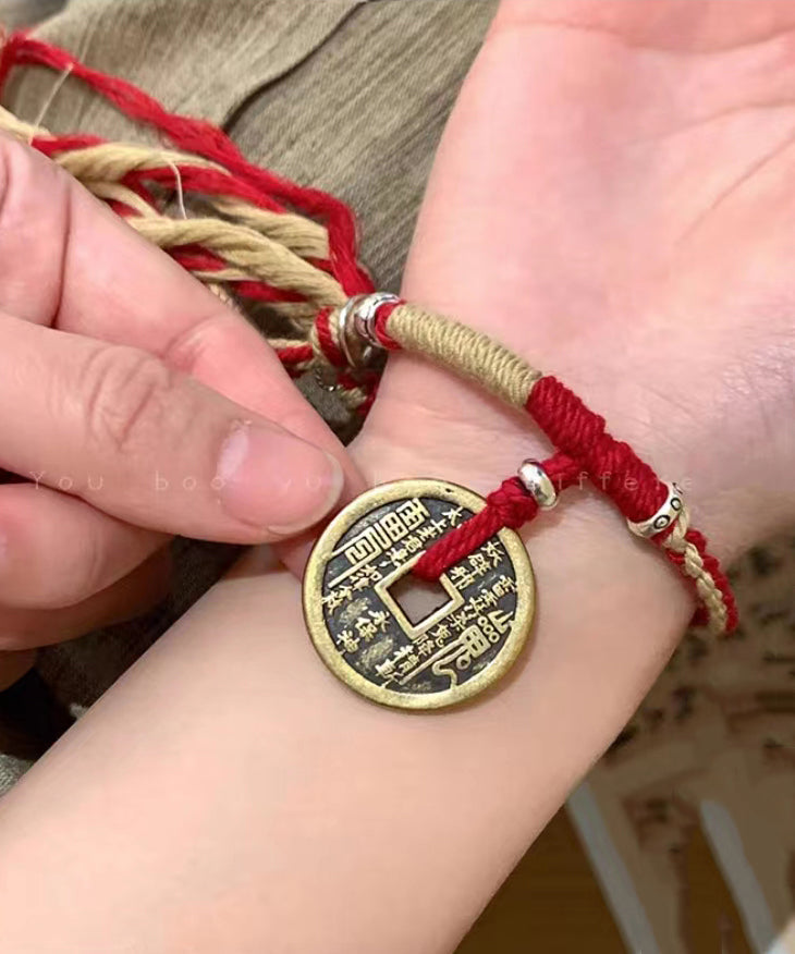 Red Hand Knitting Copper Cash Chain Bracelet