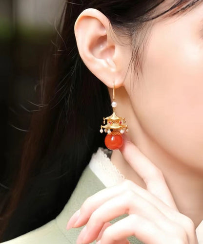 Red Sterling Silver Overgild Agate Pearl Pavilion Drop Earrings Gh1080