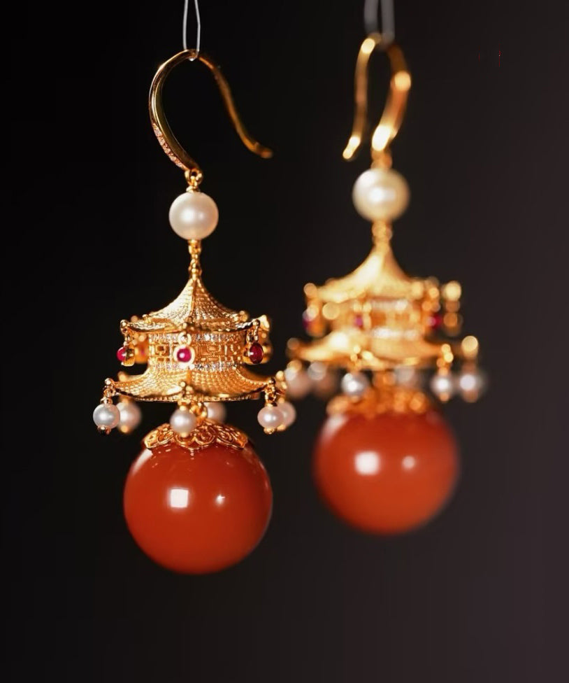 Red Sterling Silver Overgild Agate Pearl Pavilion Drop Earrings Gh1080
